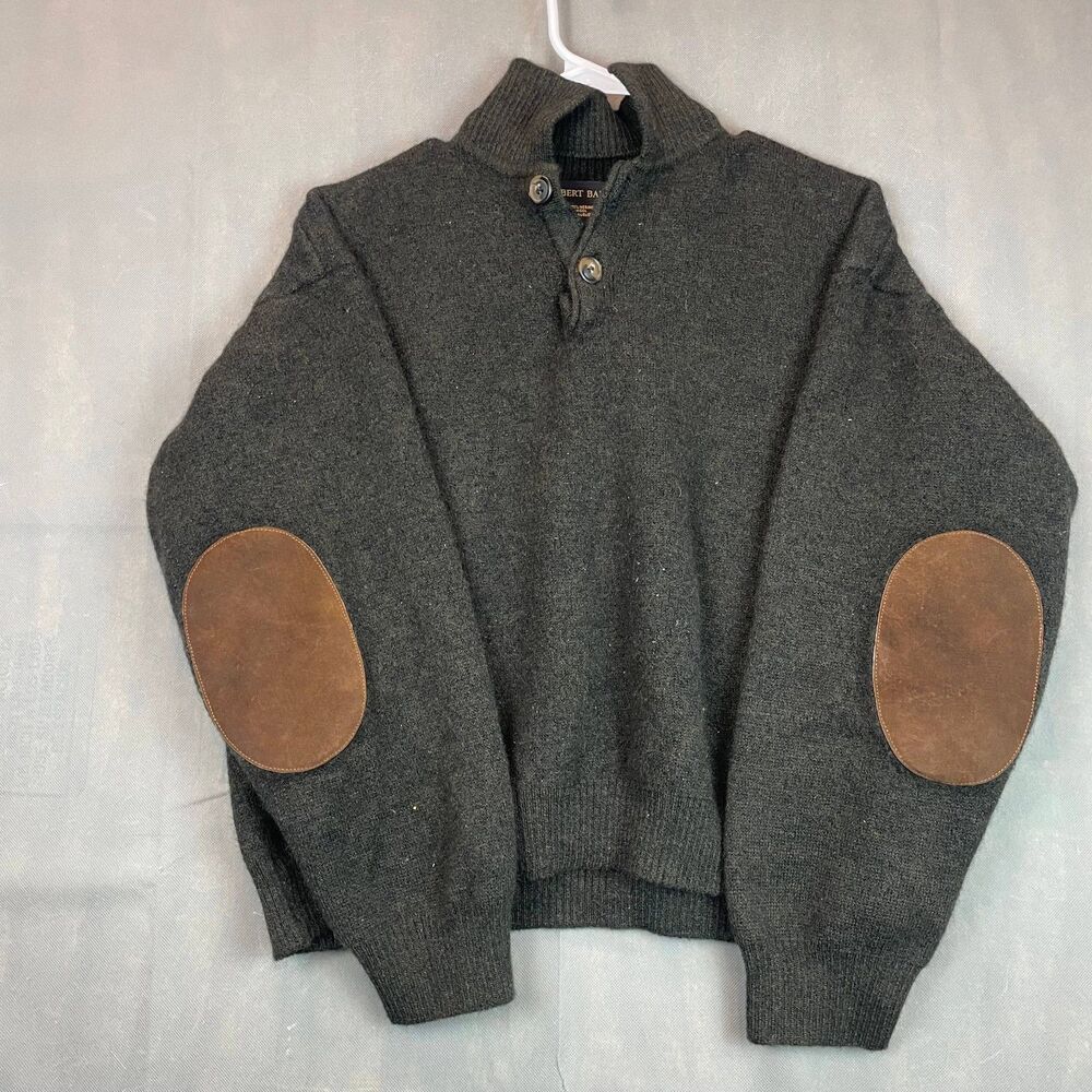Robert Banks Sweater Men's Large Charcoal Mock Neck Leather Elbow Button